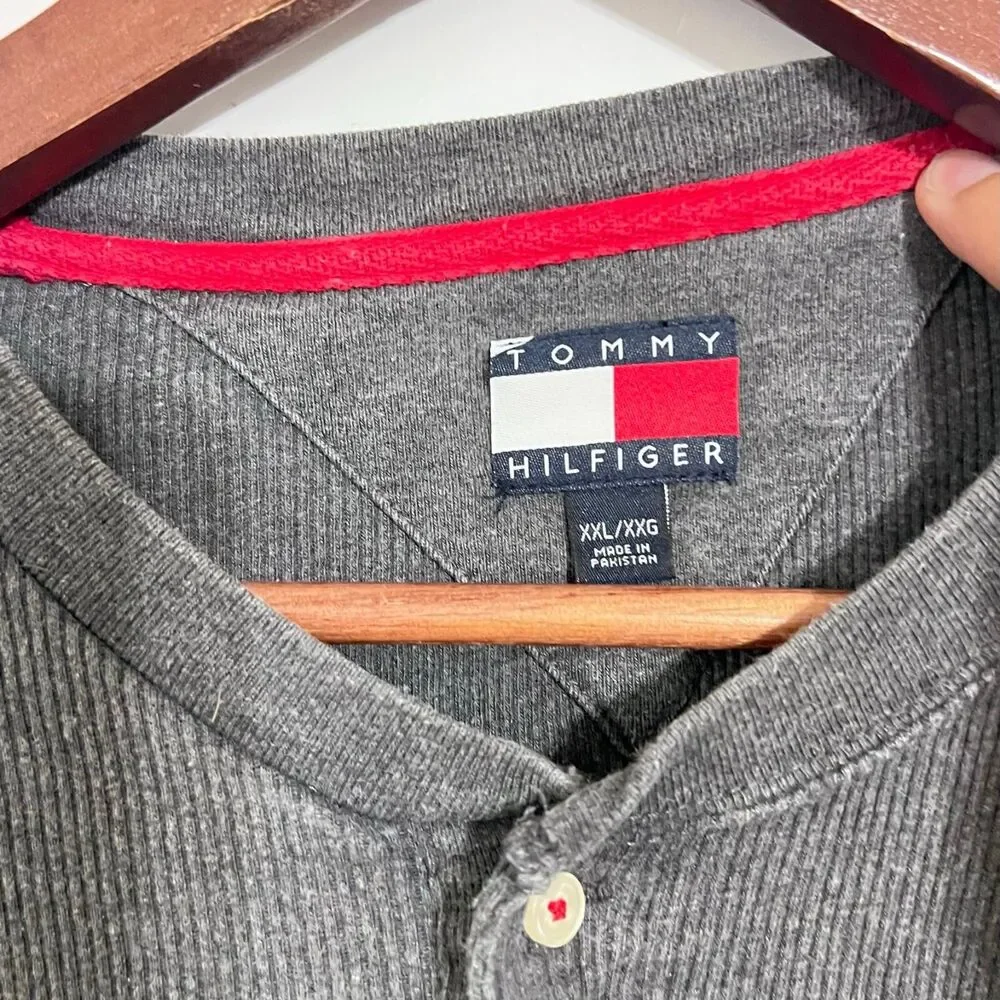 Vintage Tommy Hilfiger Mens Henley Ribbed Sweater Size 2XL Grey Embroidered
